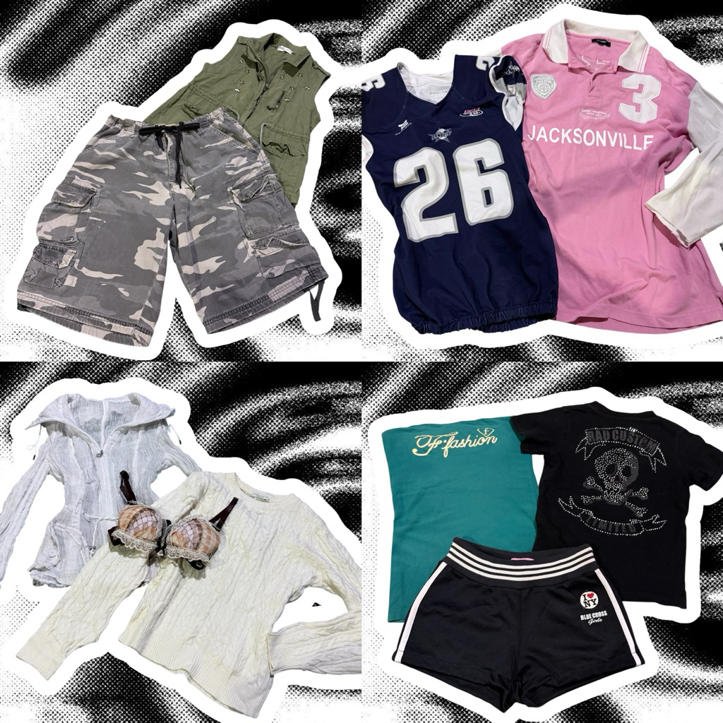 (Update25JAN2026)เสื้อผ้า Y2K มือสอง เบบี้ที รัดรูป เท่ กางเกงทหาร มีโค้ดลด20%นะคะ ทักแชท
