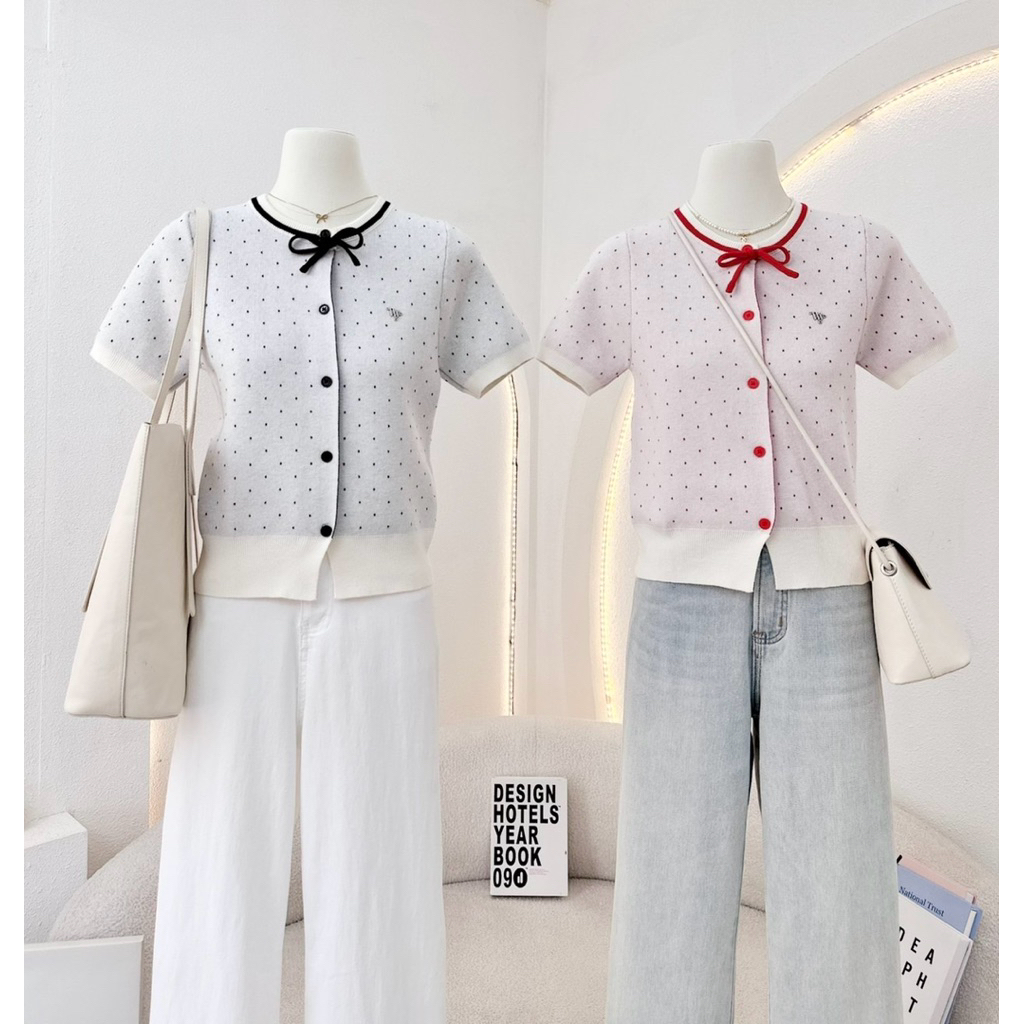 WAYA เสื้อไหมพรมลายจุด กระดุมหน้าแต่งโบว์