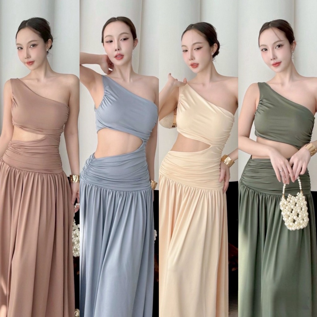 A434 - เดรสออกงาน รุ่นเว้าเอว เดรสปาดไหล่ ชุดเดรสยาว