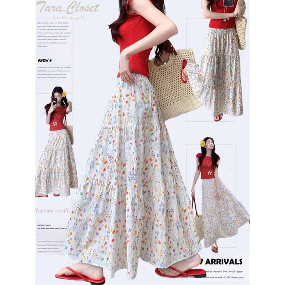 IT119 TARA SKIRT กระโปรงยาวลายดอก เอวสูง ทรงบอลลูน แต่งระบาย 3 ชั้น สม็อครอบเอว ผ้าไหมอิตาลีพิมพ์ลายดอก