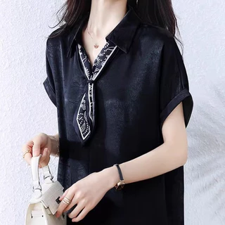 99159 เสื้อเชิ้ตแขนสั้นผ้าซาตินชีฟองแบบใหม่สำหรับผู้หญิง คอปกพับ มาพร้อมเนคไท เหมาะสำหรับฤดูร้อน มีสามสีให้เลือก