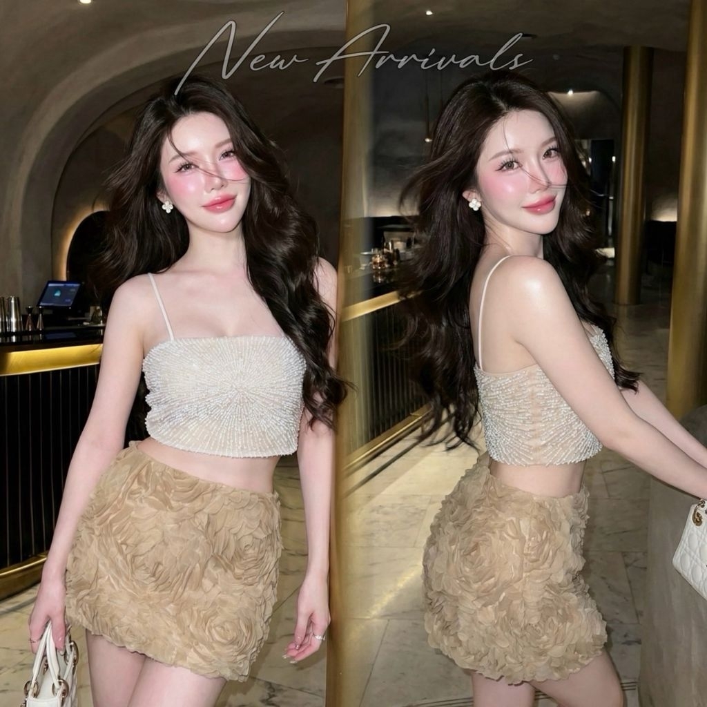 KITTI -T Set (2)ชิ้น เสื้อ+กระโปรง สไตล์: หวานละมุน เรียบหรู ดูแพง เหมาะกับลุคสาวเกาหลี โทนสี: ครีม –เบจ