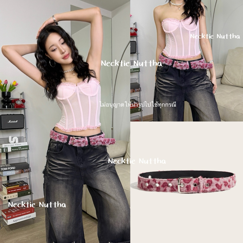 Pink leopard print - พร้อมส่ง เข็มขัด ผ้ากำมะหยี่นุ่ม ๆ  หัวเข็มขัดลายเสือ (กว้าง 3.2CM,ยาว 105CM.)