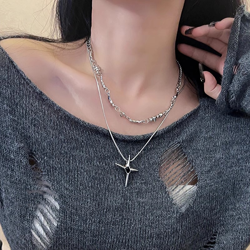 COD-ในไทย💖สร้อยคอสองชั้น ไม้กางเขนรูปดาว ประดับเพทาย สีดํา สไตล์ฮิปฮอปเทรนด์เท่ เครื่องประดับแฟชั่น สำหรับผู้หญิง-Kri