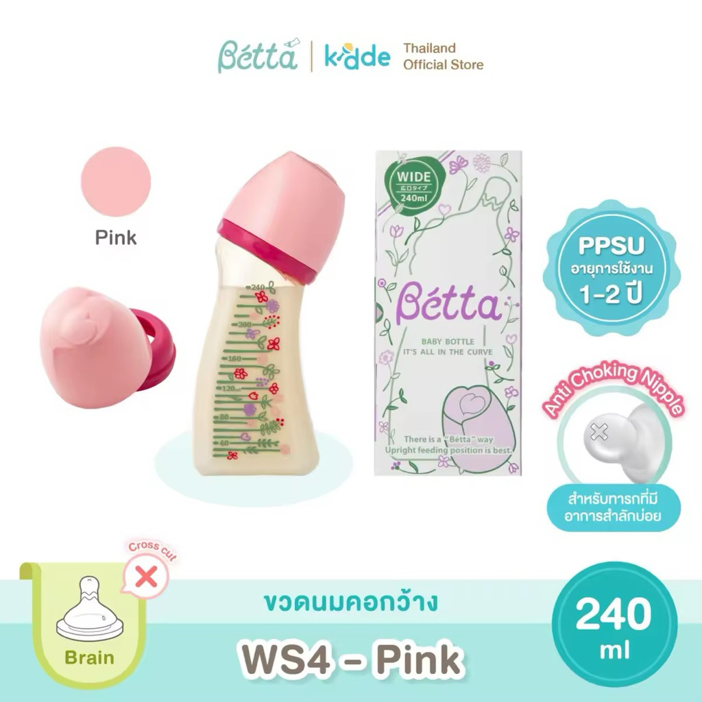 Dr.Betta Baby Bottle WS4 Flower 2 Colors 240ml (PPSU) ขวดนมคอกว้าง บรรจุพร้อมจุกนม Brain Cross Cut