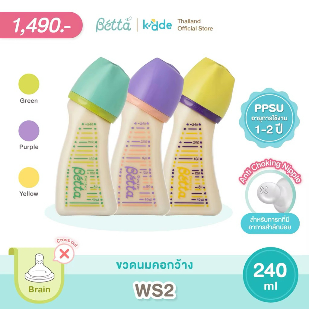 มือสอง Dr.Bétta Baby Bottle Brain Wide Neck WS2 - 4 Colors 240ml (PPSU) ขวดนมคอกว้าง บรรจุพร้อมจุกนม