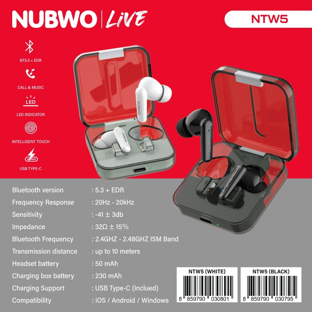 หูฟังมือถือแบบไร้สาย เสียงดี Nibwo NTW5 Wireless กันระอองน้ำได้ มีให้เลือก 2สี