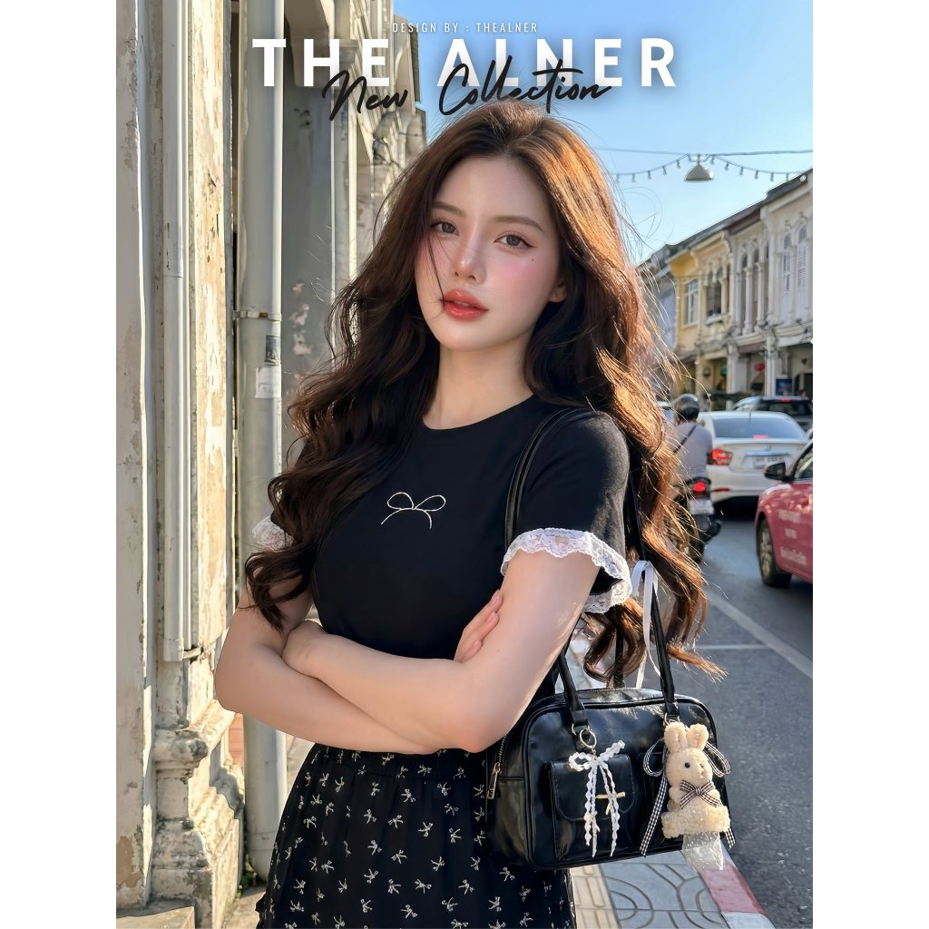 Thealner-AN542 (เซตเสื้อดำแขนสั้น+กระโปรงลายโบว์)