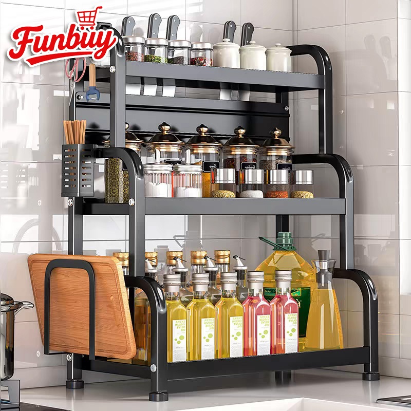 ชั้นวางของในครัว ชั้นวางเครื่องปรุง 2/3ชั้น 30-50cm ที่วางเขียงและที่วางมีด สแตนเลสเคลือบสีดำ สำหรับวางของในครัว กันสนิม