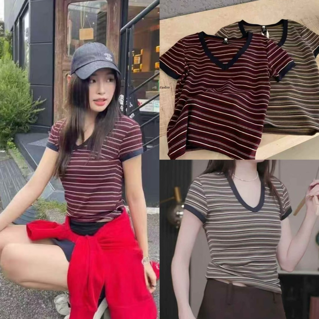 8500# เสื้อคอวี แขนสั้น ลายริ้ว เนื้อผ้าดี ทรงสวย TAG:WG.WE 🇰🇷