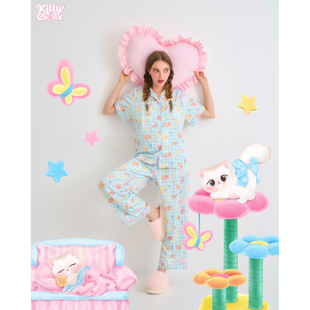Bedtime Cookies Set ชุดนอนโนบรา (Premium Spanish Silk) แขนสั้น ขายาว - Kitty Choux