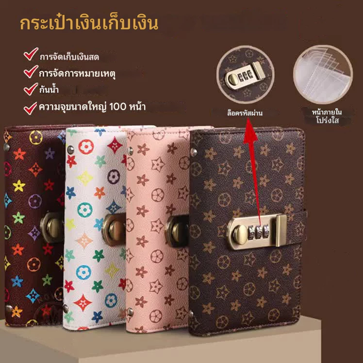 สมุดออมเงินหนัง PU มีล็อครหัส ความจุมาก 50 หน้า ใส่เงินสดธนบัตรได้ 100 ใบ
