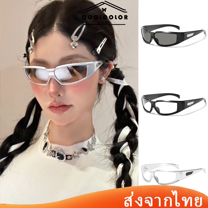 ในไทย💖แว่นกันแดดสีเงิน Y2k วินเทจ สไตล์พังก์ สุดเท่ ป้องกันรังสียูวี แว่นตาผู้ชายและผู้หญิง เหมาะกับใส่กลางแจ้ง.COD