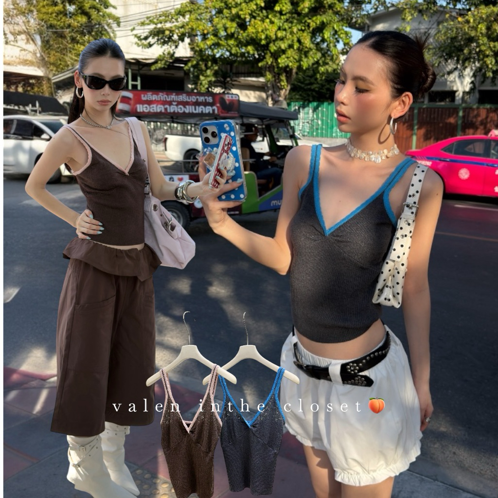 ส่งด่วน 🛵 26M071 MMFISH เสื้อสายเดี่ยวงานผ้านิตถักลายสวย เพิ่มดีเทลขอบสีตัดให้ลุคดูมีมิติ