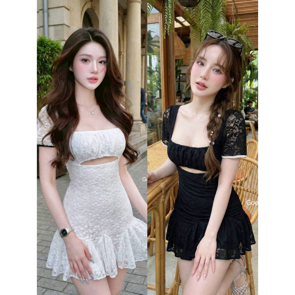 >>GOODLUCKSHOP<< GLS   60796 มินิเดรสผ้าลูกไม้ ดีเทลทรงคอเหลี่ยม เว้าใต้อกด้านหน้า กระโปรงใส่ระบายดู
