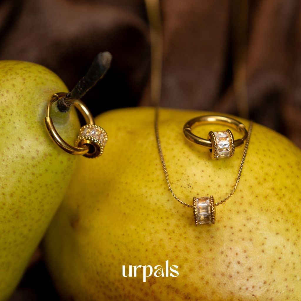 URPALS ต่างหูห่วง - สร้อยคอ Stainless ชุบทอง18K ฝังเพชร CZ  คุณภาพสูง ใส่อาบน้ำ ออกกำลังกายได้