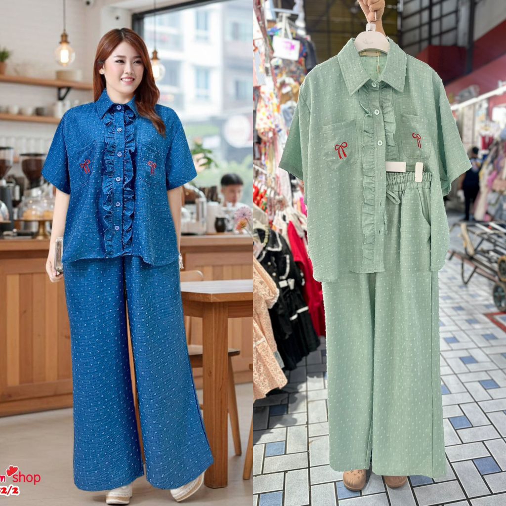 🍎ชุดเซ็ทสาวอวบแฟชั่น รุ่นผ้าเม็ดทรายเนื้อนิ่ม เสื้อระบายหน้าคู่กับกางเกงขายาว