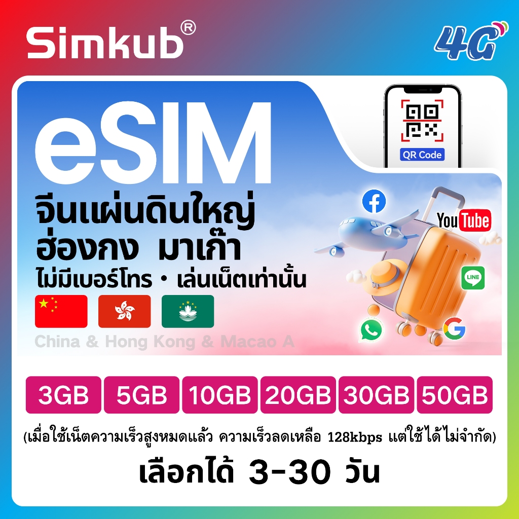 eSIM China&Hong Kong&Macau A ใช้ร่วมกัน 3 แห่ง ซิมท่องเที่ยว เน็ต 3-50GB รองรับ 4G เลือกได้ 3-30 วัน