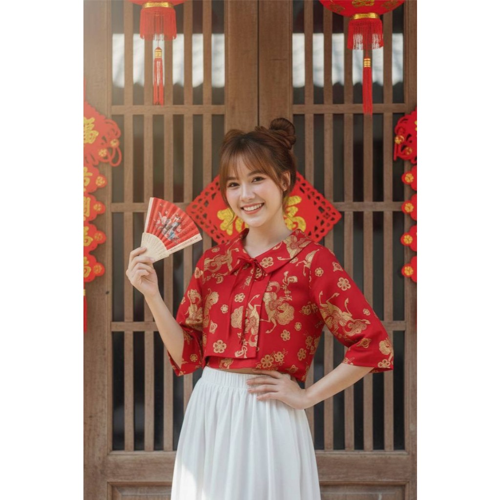 ตรุษจีนมาแล้ว เสื้อคอจีน แขนสั้น ผูกคอ ลายดอก ลายม้าทอง