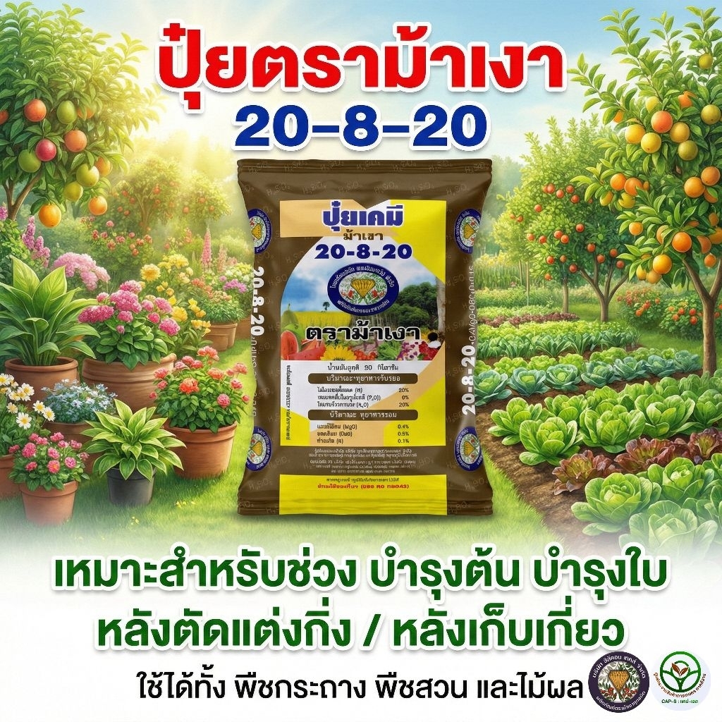 ปุ๋ยเคมี ตราม้าเงา สูตร 20-8-20 บำรุงต้นบำรุงใบ เพิ่มน้ำหนัก เพิ่มแป้ง(แบบแบ่งกิโล)