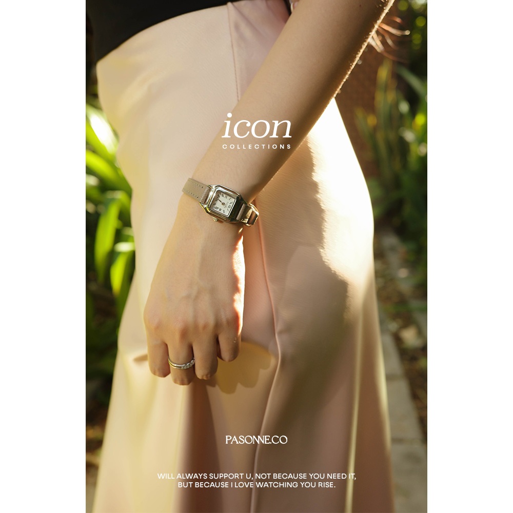 pasonne.co นาฬิกาข้อมือ ทรงเหลี่ยมรุ่น gusta ขอบหน้าปัดสีโรสโกล สายลายหนัง
