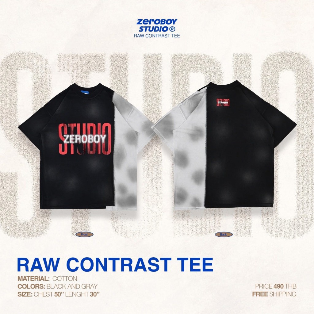 ZER0BOY STUDIO — RAW CONTRAST TEE เสื้อยืดดีไซน์ Split ดำ-เทา
