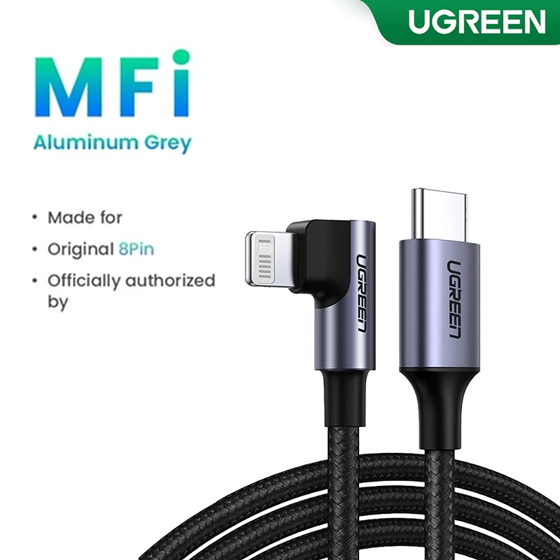 Ugreen สายเคเบิลไนล่อนถัก มุมขวา 90 องศา PD20W MFI USB-C Fast Charging สําหรับ iPhone 13 12 11 8Pro Max