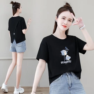 เสื้อครอปสั้นทรงหลวมทันสมัยและใส่ได้หลา Oversize เสื้อยืดแขนสั้นสำหรับผู้หญิง มี slits ด้านหลัง สไตล์ใหม่สำหรับฤดูร้อน