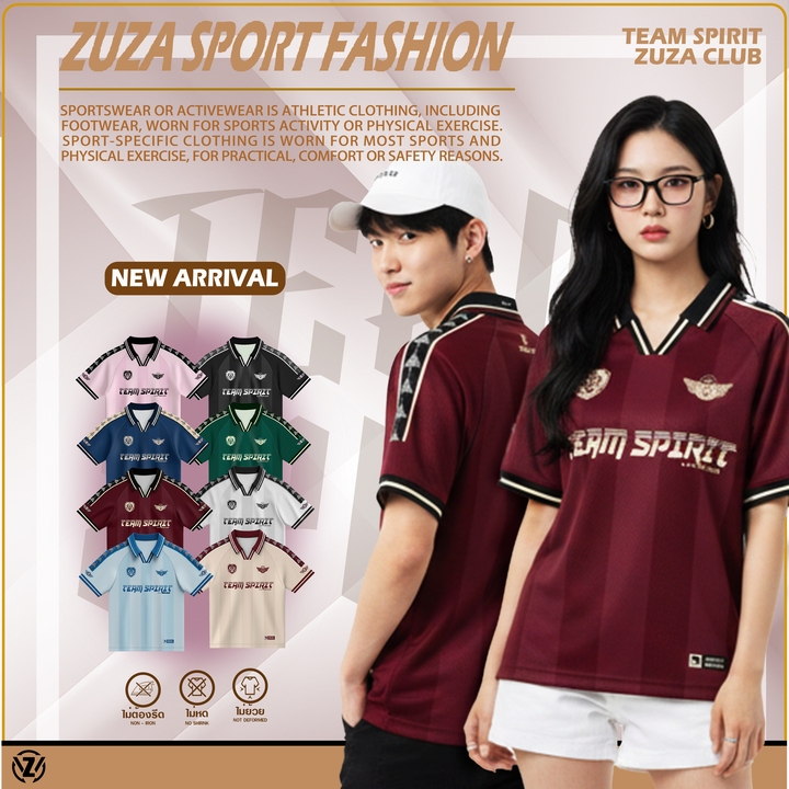 ZUZA - Team Spirit เสื้อกีฬาคอปก ทีมสปิริต เเขนสั้น ดีเทลปลายแขนผ้าหล่อบุ้ง พิมพ์ลายซับลิเมชั่น เนื้อผ้าแจ็คการ์ด