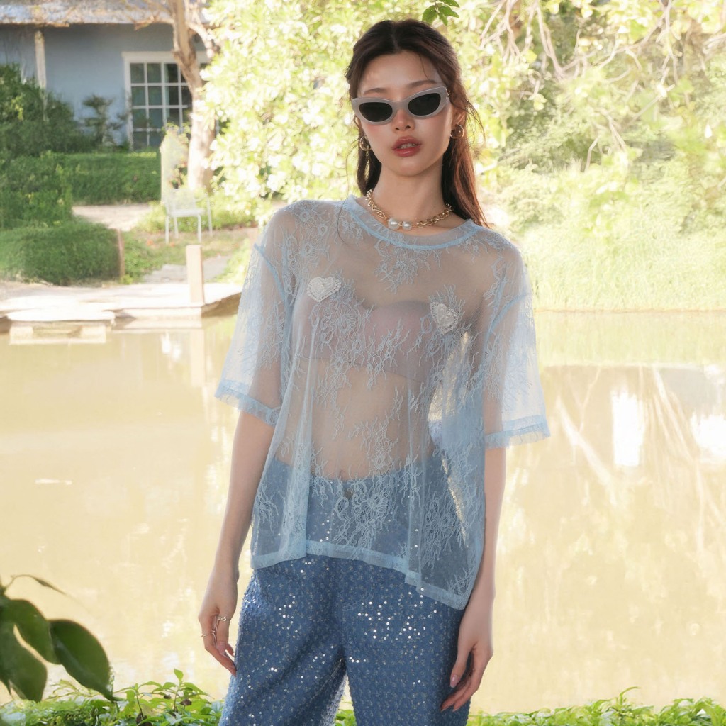 LUCA_STUDIO_Blue Kaily oversize top - เสื้อแขนสั้นผ้าลูกไม้ซีทรูเนื้อนิ่มสีฟ้า คอกลม ผ้าโปร่งบาง