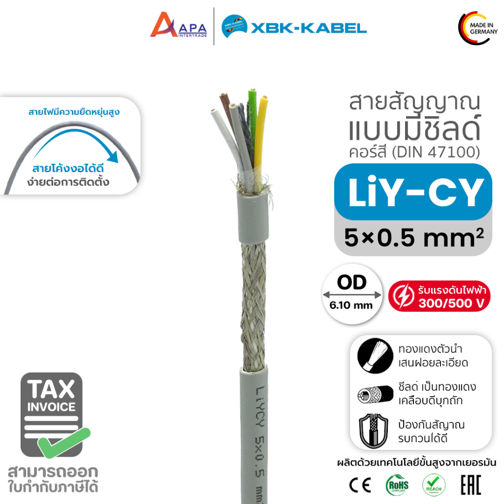 LiYCY 5x0.5sq.mm XBK Kabel สายสัญญาณ แบบมีชิลด์ (50 เมตร และ 100 เมตร)