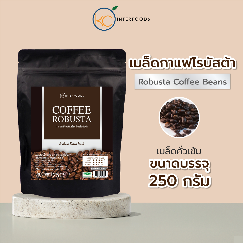 เมล็ดกาแฟโรบัสต้า คั่วเข้ม 250 กรัม – บอดี้หนัก ครีมาหนานุ่ม (Robusta Coffee Beans)