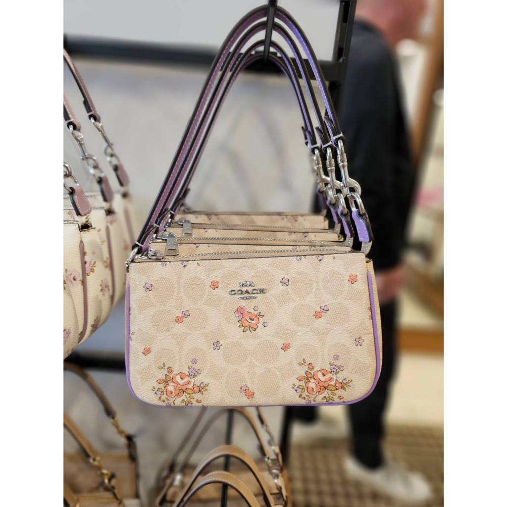 แท้ 100% จาก USA COACH NOLITA 19 IN SIGNATURE CANVAS WITH FLORAL PRINT  CAQ19 สี SV/SAND MULTI