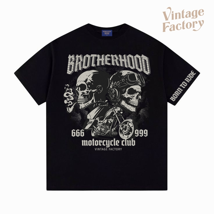 Vintage Factory (พร้อมส่ง) VINTAGE SKULL & BROTHERHOOD - มี 2 แบบ แขนสั้น และ แขนยาว  ผ้าคอตตอน 100%