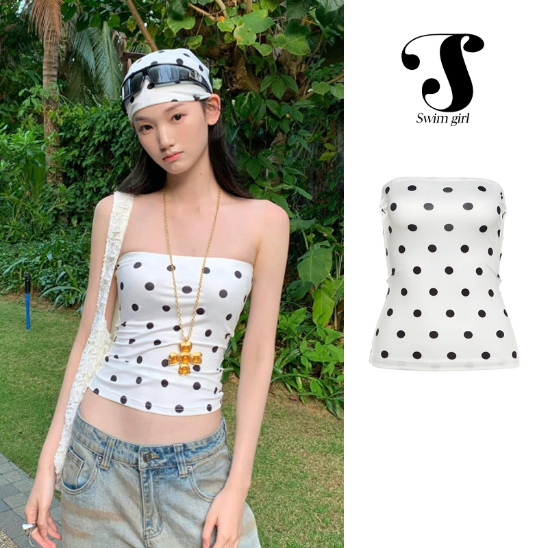 สีขาว ลายจุด เสื้อกั๊ก,เซ็กซี่ แขนกุด เสื้อ,ทันสมัย summer beach