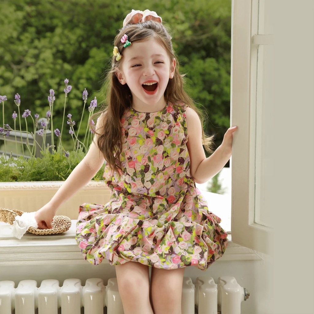 AY201 เดรสเด็กผู้หญิงลายดอกชมพู สไตล์คุณหนู  เดรสเด็กพิมพ์ลายดอกไม้ โทนพาสเทล ใส่สบาย