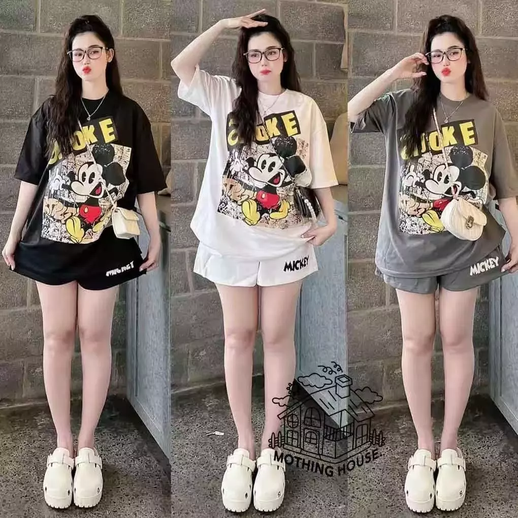SGH0267 เซ็ต 2 ชิ้น เสื้อยืดทรงหลวม+กางเกงขาสั้น ลายการ์ตูนสุดคิ้วท์ ชุดเซ็ตแฟชั่นผู้หญิง ลายการ์ตูน เท่ๆ ใส่ได้ทุกวัน