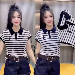 เสื้อโปโลคอปกทรงหลวมทันสมัย ​​ดูอ่อนเยาว์ และช่วยให้ดูผอมเพรียว ดีไซน์ลายทางแบบแพทช์เวิร์ค เหมาะสำหรับคุณแม่