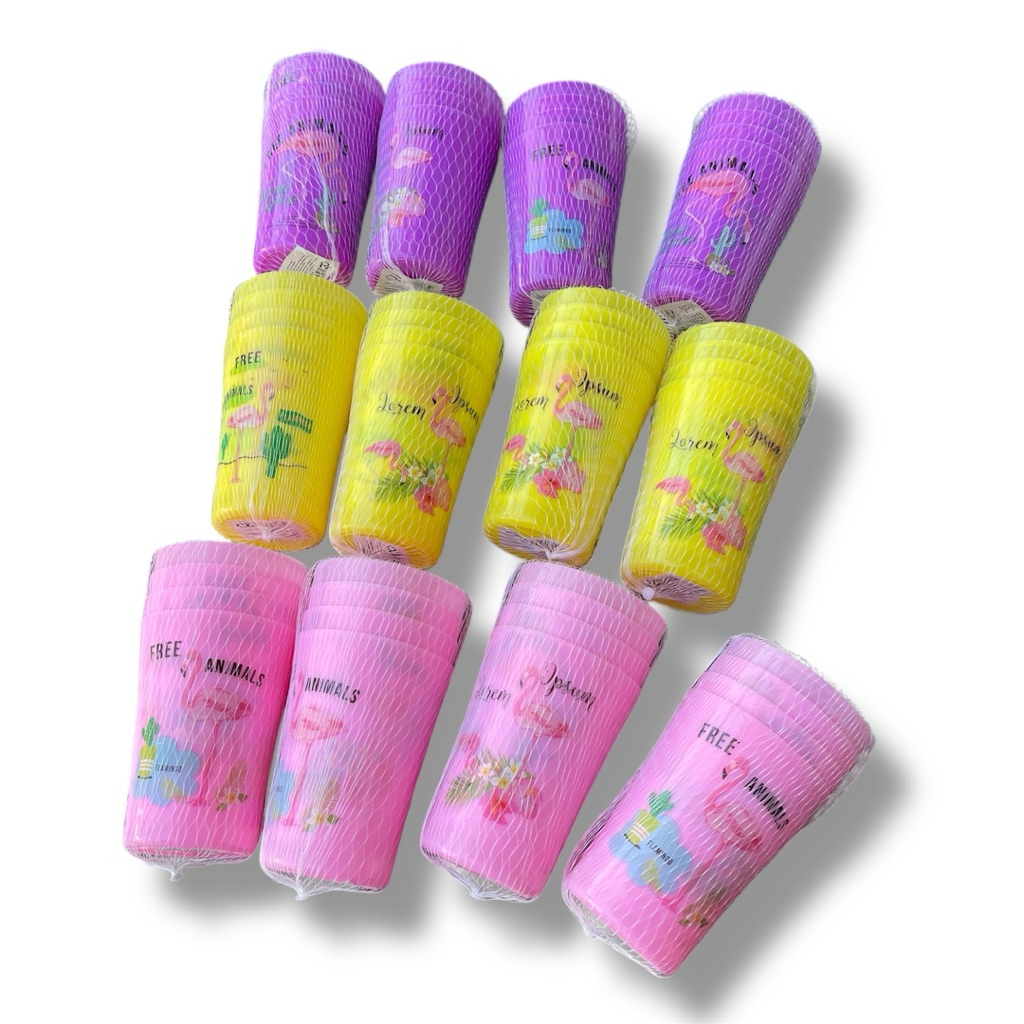 แก้วพลาสติก 4สี แพค1*4ชิ้น ขนาด8*11ซม. ลายน่ารัก แพค12ห่อ (48ชิ้น)