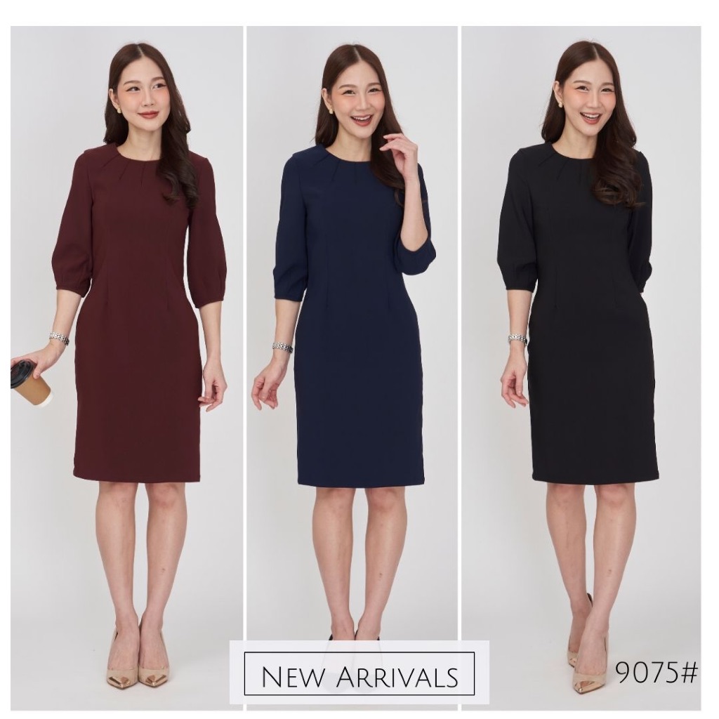 Laboratory 9075# เดรสคอกลมจีบหน้า แขนสามส่วนจีบปลายแขน สีพื้น มีไซส์ S-3XL