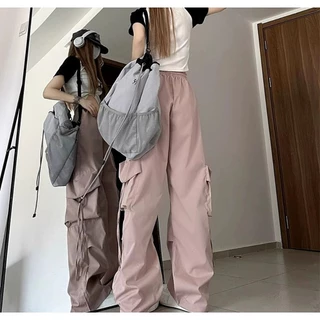 กางเกงทำงานสีดำเอวสูงกางเกงกีฬาลำลองทรงหลวม กางกางผู้หญิงwomen cargo pants กางเกงคาร์โก้ พร้อมส่งจากกทม