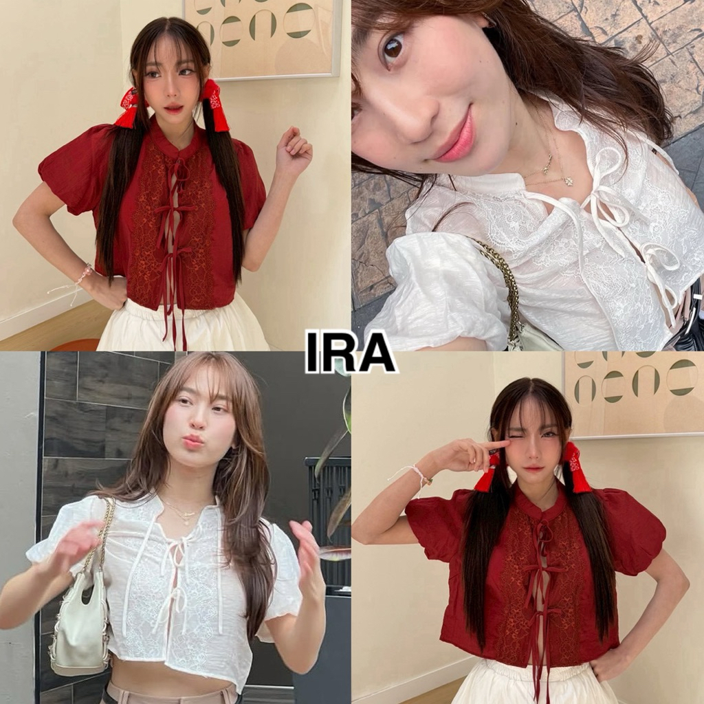 BY IRA Poppy Top เสื้อครอปดีเทลแต่งลูกไม้น่ารัก  สายผูกหน้าอก แขนตุ๊กตาคอกลม