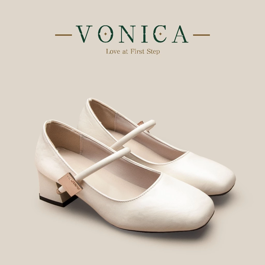 VONICA รองเท้าส้นสูงหนังสีเบจสไตล์ Mary Jane สำหรับผู้หญิง ดีไซน์ทันสมัย เหมาะกับชุดราตรี