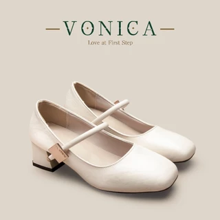 VONICA รองเท้าส้นสูงหนังสีเบจสไตล์ Mary Jane สำหรับผู้หญิง ดีไซน์ทันสมัย เหมาะกับชุดราตรี