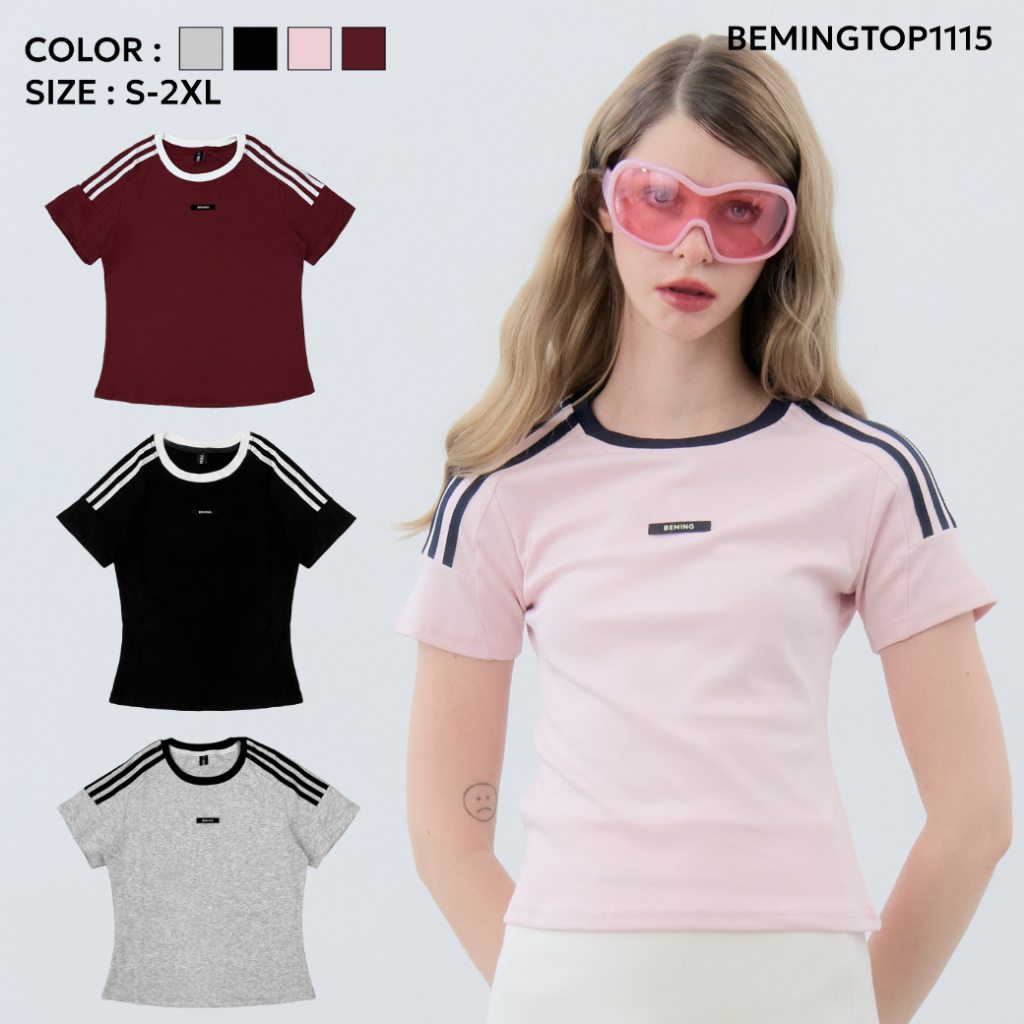Bemingtop1115(S-2XL)-Junay Tee - เบบี้ทรีแขนแถบลายลุคสปอร์ต