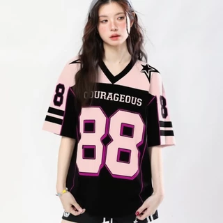 เสื้อบาสเกตบอลผู้หญิง oversize เสื้อผ้าสาวอวบไซส์ใหญ่ ทรงหลวมสไตล์เกาหลี เสื้อยืดกีฬาแฟชั่นมาใหม่ สกรีนเเบบวินเเทจฮิปฮอป