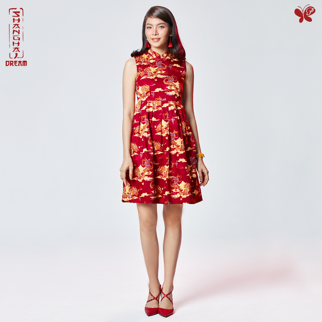Papillon Woman Shanghai Dream Sleeveless Dress เดรสแขนกุด ผ้า Cotton 100% พิมพ์มังกร ซับในทั้งตัว ซิ