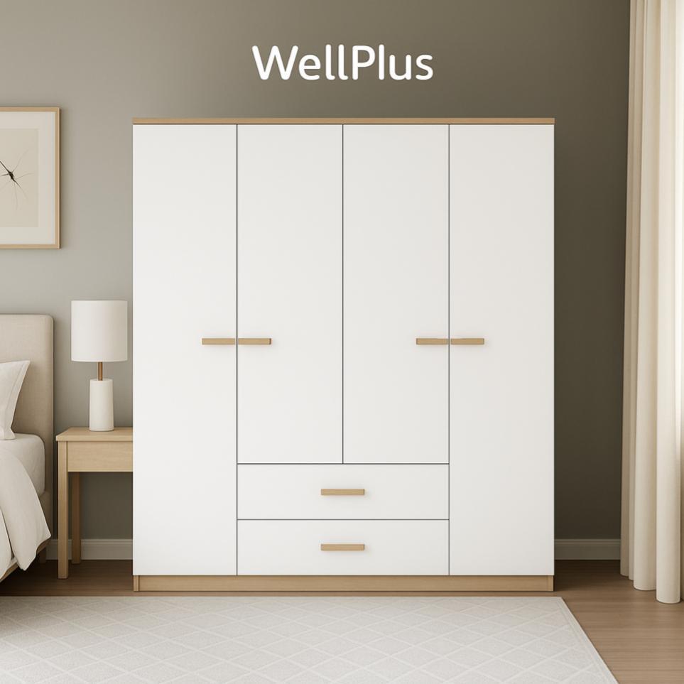 WellPlus ตู้เสื้อผ้าบานเปิด 4 บานพร้อมลิ้นชัก ตู้เสื้อผ้าญี่ปุ่น ดีไซน์สไตล์โมเดิร์น ทำจากไม้คุณภาพสูง ทนทาน