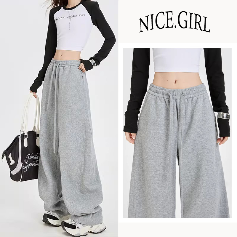 S~5XL Gray Sweatpants กางเกงสีเทาลายดาบโค้ง กางเกงวอร์มสไตล์อเมริกัน แฟชั่นสตรีทเวียร์ 2026 แบบหลวมโคร่ง ขากว้าง HOT