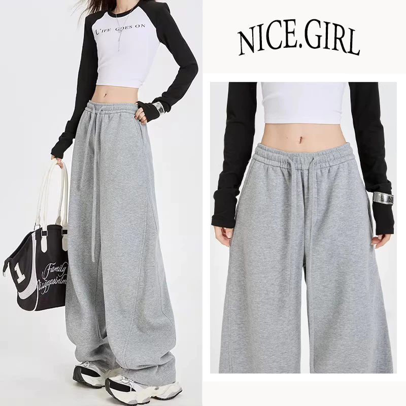 S~5XL Sweatpants Gray กางเกงสีเทาลายดาบโค้ง กางเกงวอร์มสไตล์อเมริกัน แฟชั่นสตรีทเวียร์ 2026 แบบหลวมโคร่ง ขากว้าง HOT